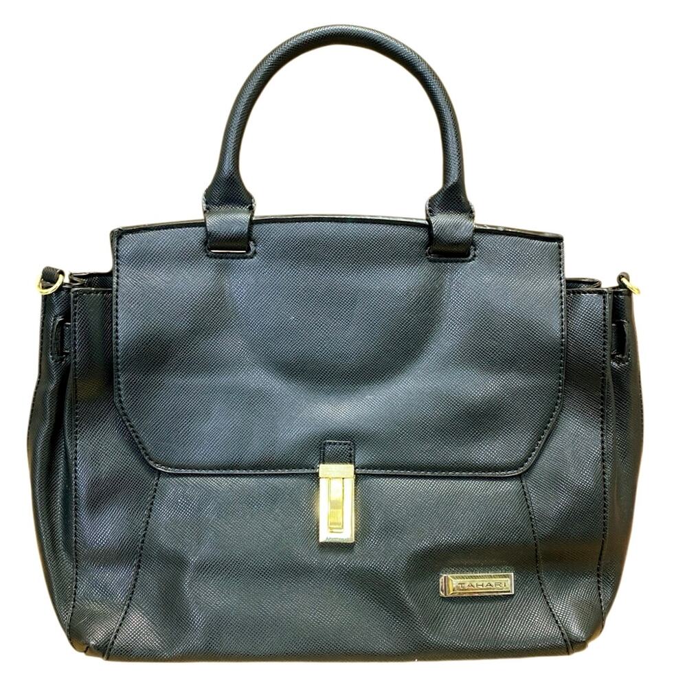 Tahari Women's Black Gold Leather Crossbody Adjustable Satchel Handbag Size OS